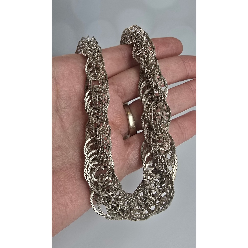 Vintage Silver Tone Multi Strand Woven Mesh Bib Statement Necklace Hook Clasp - Picture 5 of 6